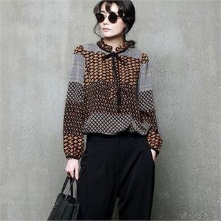 Frilled Tie-neck Multi-pattern Blouse