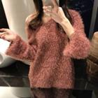 V-neck Furry Sweater Rose Pink - One Size