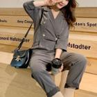 Collared 3/4-sleeve Straight-cut Jumpsuit