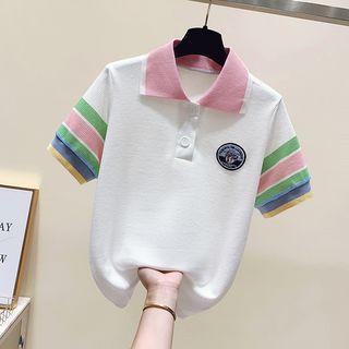 Short-sleeve Applique Polo Shirt White - One Size