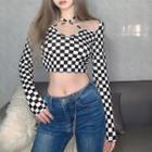 Long-sleeve Halter-neck Checkerboard Cropped T-shirt