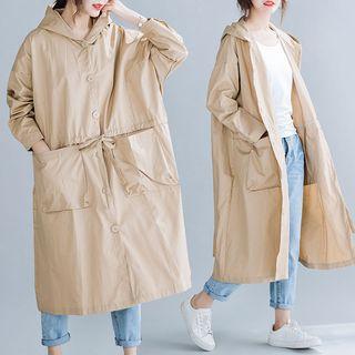 Hooded Buttoned Trench Coat Khaki - One Size
