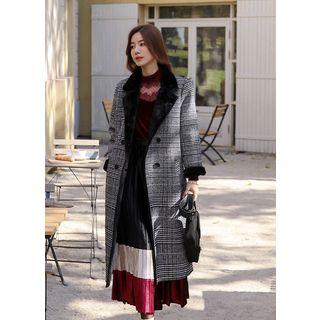 Plaid Faux-fur Lined Long Coat Black - One Size