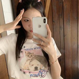 Short-sleeve Printed Cropped Top White - One Size