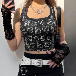 Square-neck Lettering Print Crop Tank Top