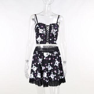 Skull Print Lace-up Camisole Top / Mini A-line Skirt