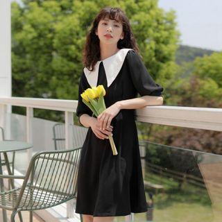 Elbow-sleeve Wide-collar A-line Dress