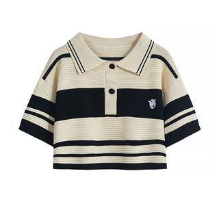 Elbow-sleeve Polo Neck Striped Knit Top / Mini Dress