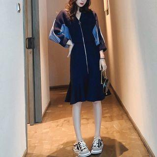 Denim Panel Ruffle Hem 3/4-sleeve Dress