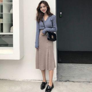 Set: Plain Cardigan + Ruffled Hem Midi A-line Skirt