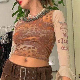 Bell-sleeve Mesh Print Crop Top