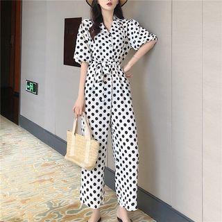 Wide-leg Dotted Jumpsuit With Sash