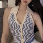 Halter-neck Button-up Knit Polo Shirt Blue - One Size