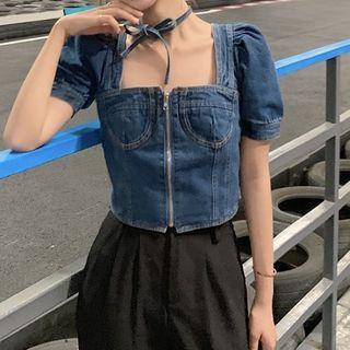 Square Neck Short-sleeve Denim Top Dark Blue - One Size