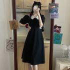 Puff-sleeve Collared A-line Dress Black - One Size