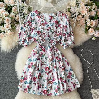 Keyhole Drawstring Rose Print Dress