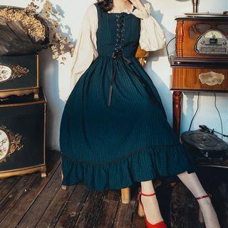 Mock Two-piece Long-sleeve Plaid Midi A-line Dress