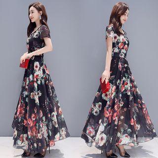 Short-sleeve Printed Chiffon Maxi A-line Dress