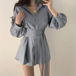 Set: Long-sleeve Sashed Shirt + Wide-leg Shorts