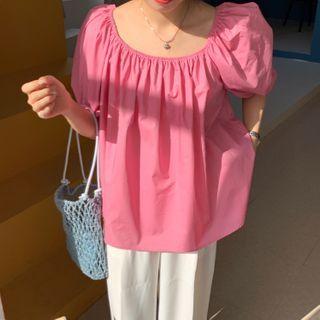 Plain Ruched Lantern-sleeve Cut Out Top