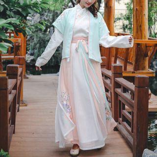Long-sleeve Hanfu Wrap Top / Elbow-sleeve Jacket / A-line Skirt / Set