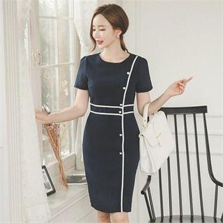 Short-sleeve Buttoned Contrast-trim Sheath Dress