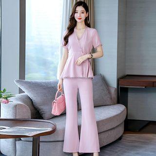 Set: Lace Trim Short-sleeve Blouse + Cropped Boot-cut Pants