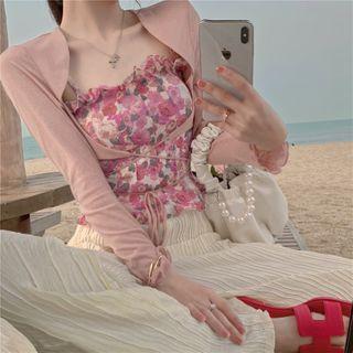 Long-sleeve Plain Shawl / Floral Print Camisole Top