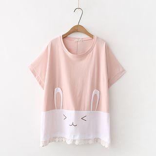 Elbow-sleeve Lace Trim Rabbit T-shirt