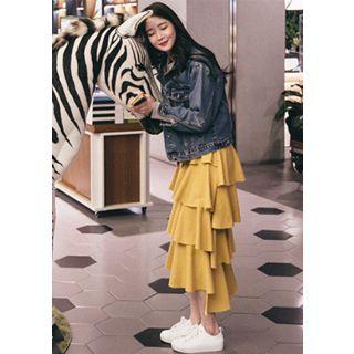 Ruffle-tiered Asymmetric Long Skirt