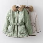Furry-collar Padded Jacket With Belt