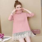 Mock Turtleneck Long-sleeve Lace Trim Mini Dress
