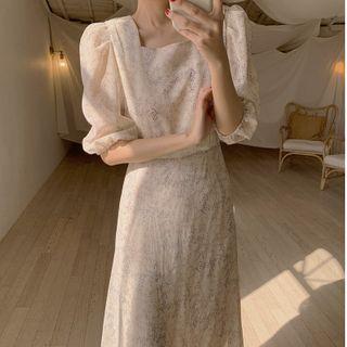 Puff Sleeve Square Neck Floral Chiffon Dress