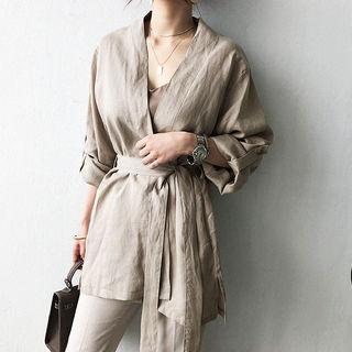 Tab-sleeve Linen Wrap Jacket With Sash