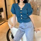 Buttoned Puff-sleeve Ruched Blouse