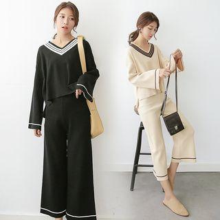 Set: V-neck Long-sleeve Knit Sweater + Wide Leg Pants