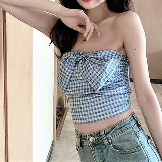 Twisted Plaid Tube Top Plaid - Blue - One Size