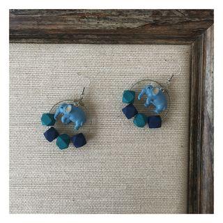 Wooden & Elephant Dangle Earring Blue - One Size