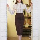 Lace Long-sleeve Top / High Waist Pencil Skirt / Set
