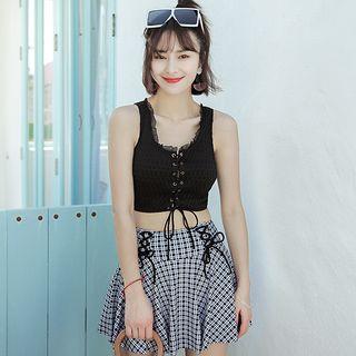 Set: Lace-up Tankini Top + Plaid Bottom + Swim Skirt