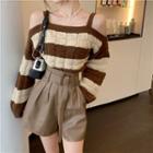 Cold-shoulder Striped Sweater Brown & Beige - One Size