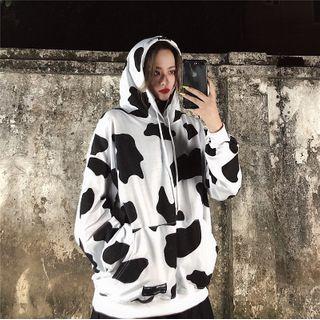 Cow-print Front Pocket Hooded Sweatshirt