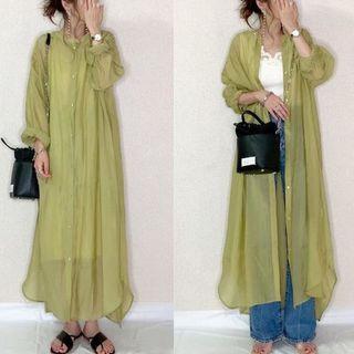 Long-sleeve Plain Midi Shirt Dress Green - One Size