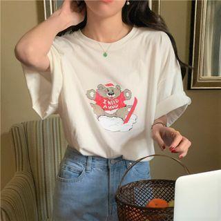 Cartoon Bear Print T-shirt Off-white - One Size