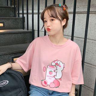 Short-sleeve Cartoon Pig Print T-shirt