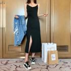 Spaghetti Strap Slit-front Midi Sheath Dress