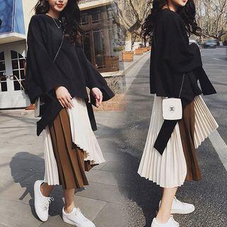 Set: Plain Sweatshirt + Asymmetric Midi A-line Pleated Skirt