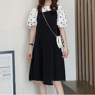 Spaghetti Strap Midi A-line Dress / Short-sleeve Dotted Blouse