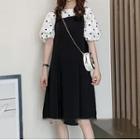 Spaghetti Strap Midi A-line Dress / Short-sleeve Dotted Blouse