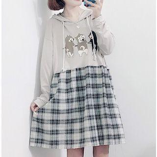 Cartoon Print Plaid Panel Hooded Dress
